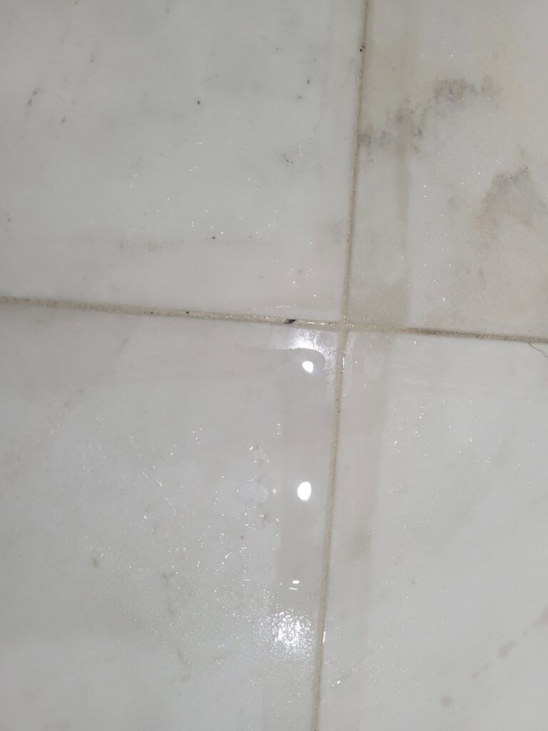Etched marble grout lines from acidic cleaner on El Paso bathroom floor before honing