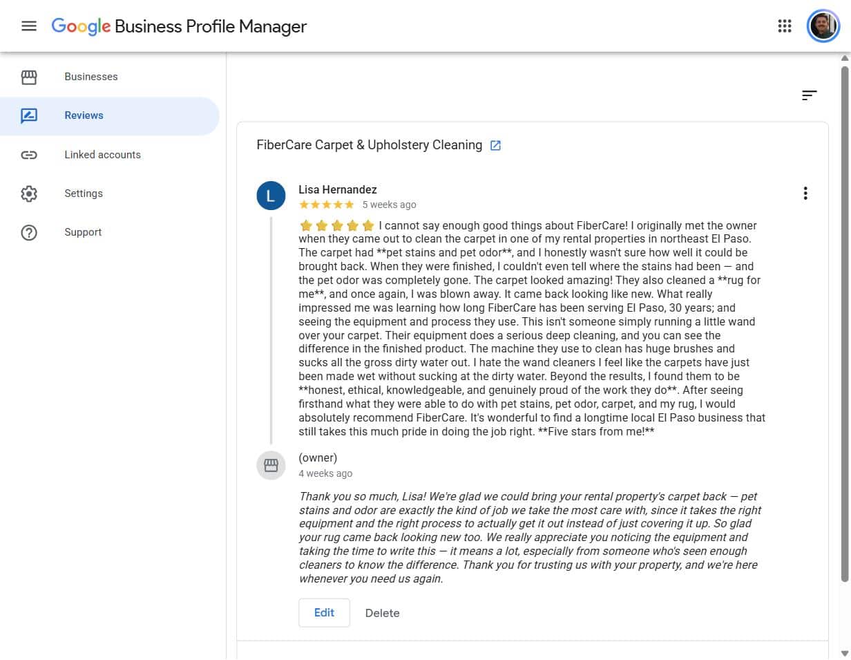 Five-star Google review from Lisa Hernandez for FiberCare carpet cleaning in northeast El Paso