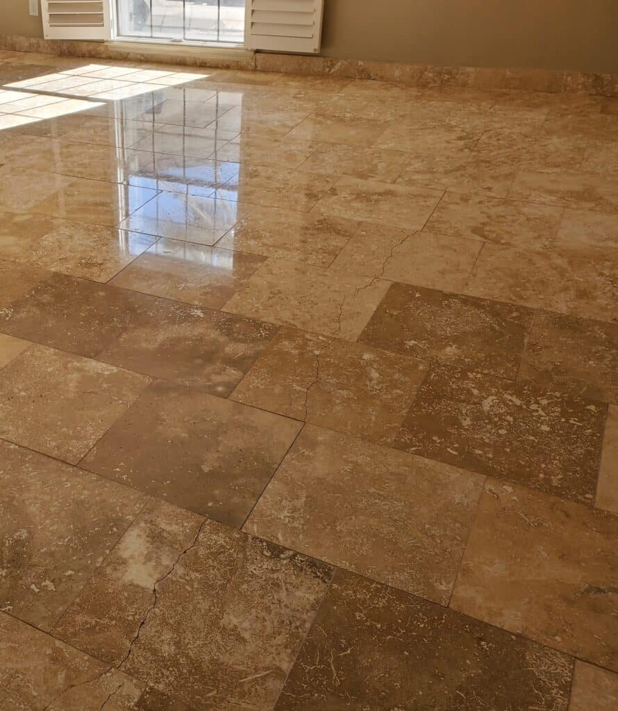 Polished travertine floor after travertine cleaning El Paso honing and polishing by FiberCare