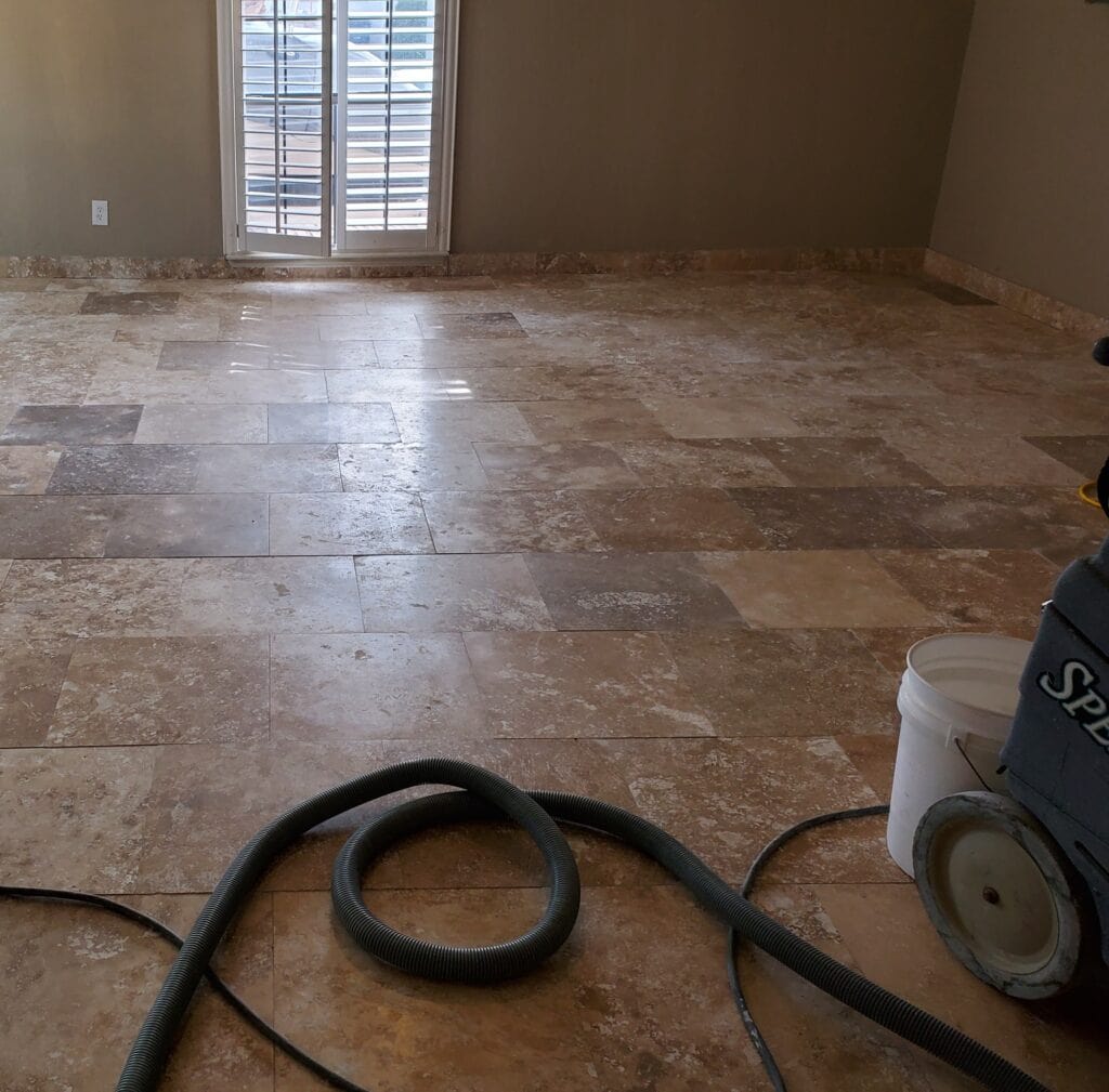 Dull, hazy travertine floor before travertine cleaning El Paso service by FiberCare